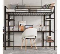 Fortuna Lai 90x200cm Cadre de lit Lit en métal, lit en fer avec bureau, lit surélevé avec 4 petites étagères et une grande bibliothèque pour enfants, adolescents et adultes, noir