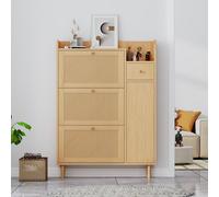 Fortuna Lai Armoire à chaussures décor rotin avec 3 abattants, porte et tiroir, avec pieds et poignées en bois massif, sideboard, benne à chaussures, chêne