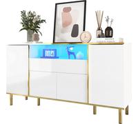Fortuna Lai Armoire-sideboard de stockage noire avec quatre portes et deux tiroirs, armoire moderne à LED, blanc