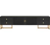 Fortuna Lai Armoire TV basse avec porte structurée, tiroirs, poignées et pieds dorés, noir et or