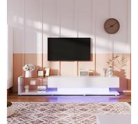 Fortuna Lai Armoire TV haute brillance Buffet bas, 170cm Armoire TV avec éclairage LED, avec 2 tiroirs, séparations en verre Tablette, Meuble de salon moderne (blanc pur)