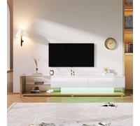 Fortuna Lai Armoire TV haute brillance Buffet bas, 170cm Armoire TV avec éclairage LED, avec 2 tiroirs, séparations en verre Tablette, Meuble de salon moderne (Blanc naturel)