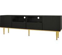 Fortuna Lai Armoire TV moderne 165 x 36 x 55 cm, socle avec pieds et bordure dorés, design sobre en noir