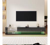Fortuna Lai Armoires TV brillantes Buffet bas, 170cm Armoire TV avec éclairage LED, avec 2 tiroirs, séparations en verre Tablette, Meuble de salon moderne (noir)