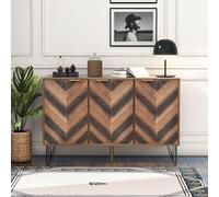 Fortuna Lai Buffet avec imitation de chevron et pieds en fer, commode avec 3 portes et poignées en métal doré, buffet haut en bois, 120cm, noyer