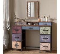 Fortuna Lai Bureau rétro à 9 tiroirs, console de maquillage, 121¡Á40¡Á91 cm, plateau en bois & cadre métallique, avec protection anti-basculement et pieds réglables