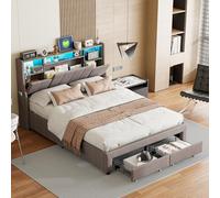 fortuna Lai Lit 160 x 200 avec Sommier, Lit 2 Personnes avec 2 Tiroirs, Tête de lit avec Rangement, Lumière LED et USB, Lin, Gris (Gris, 160x200 cm)