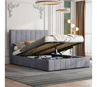 Fortuna Lai Lit capitonné 140*200, lit double avec espace de rangement relevable hydrauliquement, tête de lit capitonnée réglable en hauteur, sommier à lattes métalliques, tissu velours doux pour la p