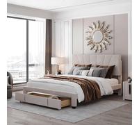 Fortuna Lai Lit capitonné 140 x 200 cm Lit avec sommier à lattes, dossier et grand tiroir, tissu velours doux pour la peau, beige, Lit double Lit d'adolescent