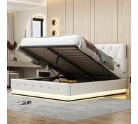Fortuna Lai Lit capitonné 140x200cm avec coffre de lit et éclairage LED, lit boxspring hydraulique avec tête de lit réglable en hauteur et sommier à lattes, similicuir Lit double Lit d'adolescent Lit