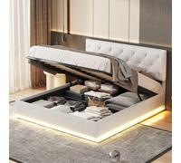 Fortuna Lai Lit capitonné 140x200cm avec coffre de lit et éclairage LED, lit boxspring hydraulique avec tête de lit réglable en hauteur et sommier à lattes, lit double en lin Lit d'adolescent Lit de r