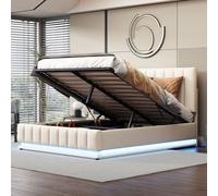 Fortuna Lai Lit capitonné 140x200cm avec coffre de lit et éclairage LED, lit capitonné avec tête de lit réglable en hauteur et sommier métallique à lattes, lit de chambre double en similicuir, blanc