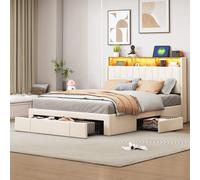 Fortuna Lai Lit capitonné 140x200cm Lit double Lit de rangement Tête de lit avec 3 compartiments de rangement et armoires de rangement cachées, Avec prises USB et type C, éclairage LED, 4 tiroirs, bei
