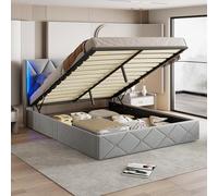 fortuna Lai Lit Coffre 160x200 cm avec sommier à Lattes et LED, Lit Coffre avec Tete de lit et Espace de Rangement, lit Double pour Adulte, Cadre de lit, Flanelle, Gris