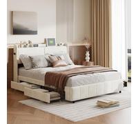 fortuna Lai Lit Coffre 160x200 cm, Lit Double avec USB et Type-C, Veilleuse, Lit capitonné avec 4 tiroirs, Tête de lit avec Rangement, PU, Blanc (160x200 cm)