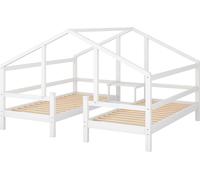 Fortuna Lai Lit de maison Lit d'enfant 2*90x200cm pour 2 enfants, lit en bois massif avec table de nuit et sommier à lattes, lit d'adolescent avec protection contre les chutes, blanc