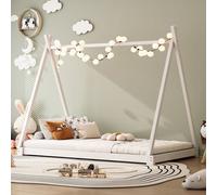 Fortuna Lai Lit d'enfant 90*200cm, lit en bois massif, lit simple, lit tipi lit de maison lit de jeu tente tente tipi lit avec toit en pin, blanc