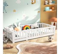 Fortuna Lai Lit d'enfant 90x200 cm, lit de sol avec porte & protection contre les chutes, lit de jeu en bois, blanc