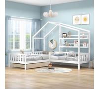 Fortuna-Lai Lit d'enfant 90x200cm/140x70cm Lit de maison en bois massif L-structure maison d'enfant avec tiroirs, étagères, clôture et sommier, pin lit de jeu maison d'enfant pour deux enfants