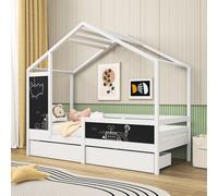 Fortuna Lai Lit d'enfant blanc 90x200cm avec 2 tiroirs Lit de maison antichute Lit de sol avec tablette et sommier à lattes