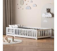 Fortuna Lai Lit d'enfant lit de sol lit en bois avec protection contre les chutes et porte, lit de jeu lit double pour enfants 90x200cm, blanc