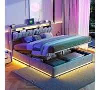 Fortuna Lai Lit double 140 x 200 cm avec espace de rangement, Lit rembourré avec éclairage LED et connexion USB, Design moderne en tissu velours, Sans matelas (Gris, 160 x 200 cm)