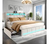 Fortuna Lai Lit fonctionnel Lit capitonné 140x190 cm, lit double avec chargement USB & espace de rangement à la tête de lit, lin, beige
