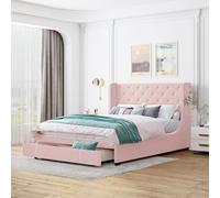 Fortuna Lai Lit rembourré 140 x 200 cm Lit avec sommier à lattes, dossier et grand tiroir, Tissu pro lin doux pour la peau, Lit double Design simple, adulte, adolescent, Rose (sans matelas)