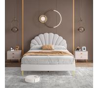 Fortuna Lai Lit rembourré, 140 x 200 cm, pour enfant, lit simple/double avec tête de lit en forme de fleur et sommier à lattes, lit d'invité pour adolescentes, en velours (beige)