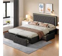 Fortuna Lai Lit rembourré 140x200 cm avec LED, 4 tiroirs métalliques, housse en PU, sommier à lattes, pour adolescents & adultes, gris