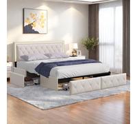 Fortuna Lai Lit rembourré 140x200 cm avec LED, 4 tiroirs métalliques, housse en PU, sommier à lattes, pour adolescents & adultes, Beige