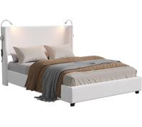 Fortuna Lai Lit rembourré 140x200 cm en beige, lit double hydraulique avec lumière de lecture dans la tête de lit, lit de rangement en velours côtelé avec sommier à lattes - idéal comme lit d'adolesce