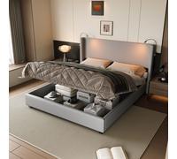 Fortuna Lai Lit rembourré 140x200 cm en gris, lit double hydraulique avec lampe de lecture dans la tête de lit, lit d'accumulation en velours côtelé avec sommier à lattes - idéal comme lit d'adolescen