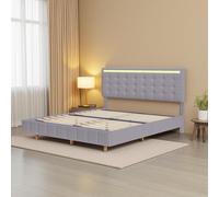 Fortuna Lai Lit rembourré 140x200 cm, LED, USB, Lit suspendu avec tête de lit réglable, lin, gris