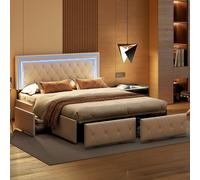 Fortuna Lai Lit rembourré 140x200cm avec LED, tête de lit réglable en hauteur et 4 tiroirs, lit fonctionnel double avec sommier à lattes et housse en similicuir, blanc