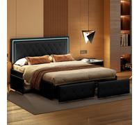 Fortuna Lai Lit rembourré 140x200cm avec LED, tête de lit réglable en hauteur et 4 tiroirs, lit fonctionnel double avec sommier à lattes et housse en similicuir, gris