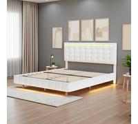 Fortuna Lai Lit rembourré 160x200 cm, LED, USB, Lit suspendu avec tête de lit réglable, lin, Beige