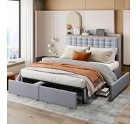 Fortuna Lai Lit rembourré 160x200 cm, tête de lit avec prise de charge USB et tablette, lit double avec 4 tiroirs, lit de jeune multifonctionnel, tissu en lin, gris