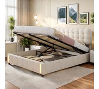 Fortuna Lai Lit rembourré 160x200cm avec espace de rangement, sommier à lattes & détecteur de mouvement, velours, bois massif, beige