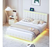 Fortuna Lai Lit rembourré 160x200cm avec LED et prise USB, lit double avec cadre de lit flottant et tête de lit réglable en hauteur, lit en bois lit d'adolescent lit fonctionnel, lin, beige