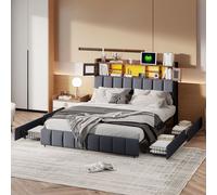 Fortuna Lai Lit rembourré 160x200cm avec USB et prises de courant, lit double pour adolescents avec 4 tiroirs, lit de rangement lit en bois massif avec LED et sommier à lattes, lin, noir