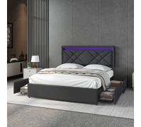 Fortuna Lai Lit rembourré 160x200cm, lit double avec 2 USB/Type C et 4 tiroirs, lit de rangement lit d'adolescent avec sommier à lattes et Led, lit fonctionnel lit en bois massif, lin, gris foncé