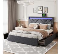 Fortuna Lai Lit rembourré 160x200cm, lit double avec USB, Type-C et 4 tiroirs, lit de rangement pour adolescents avec sommier à lattes et Led, lit fonctionnel en bois massif, lin, gris