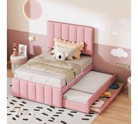 Fortuna Lai Lit rembourré 90 x 200 cm avec lit gigogne et tiroirs, rembourrage en lin doux pour la peau, lit simple, lit d'enfant, lit de jeune, lit d'invité (rose)