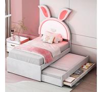 Fortuna Lai Lit rembourré 90 x 200 cm,Canapé-lit simple rembourré multifonctionnel avec lit escamotable, lit d'enfant, tiroir de rangement et lumière LED changeant de couleur, tissu velours, beige