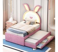 Fortuna Lai Lit rembourré 90 x 200 cm,Canapé-lit simple rembourré multifonctionnel avec lit escamotable, lit d'enfant, tiroir de rangement et lumière LED changeant de couleur, tissu velours, rose