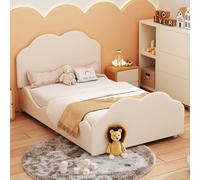Fortuna Lai Lit rembourré 90 x 200 cm, lit d'enfant cadre de lit d'enfant haut à balustrade avec tête et pied de lit en forme de nuage. Lit simple en tissu doux pour la peau (beige)