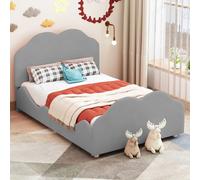 Fortuna Lai Lit rembourré 90 x 200 cm, lit d'enfant cadre de lit d'enfant haut à balustrade avec tête et pied de lit en forme de nuage. Lit simple en tissu doux pour la peau (gris)