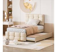 Fortuna Lai Lit rembourré 90 x 200 cm, Tête de lit réglable, rembourrage en lin doux pour la peau, Lit d'enfant extensible, Lit simple Lit d'enfant Lit d'adolescent Lit d'invité (Beige)