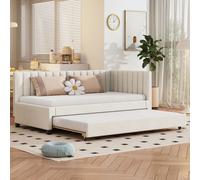 Fortuna Lai Lit rembourré 90x200cm, Canapé-lit extensible, Lit multifonctionnel avec sommier à lattes, respectueux de la peau, Lit double Lit d'invité Lit de jour Lit de jeune Canapé-lit, Velours, Bei